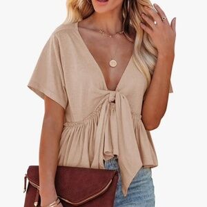 Front Tie Short Sleeve Beige Top